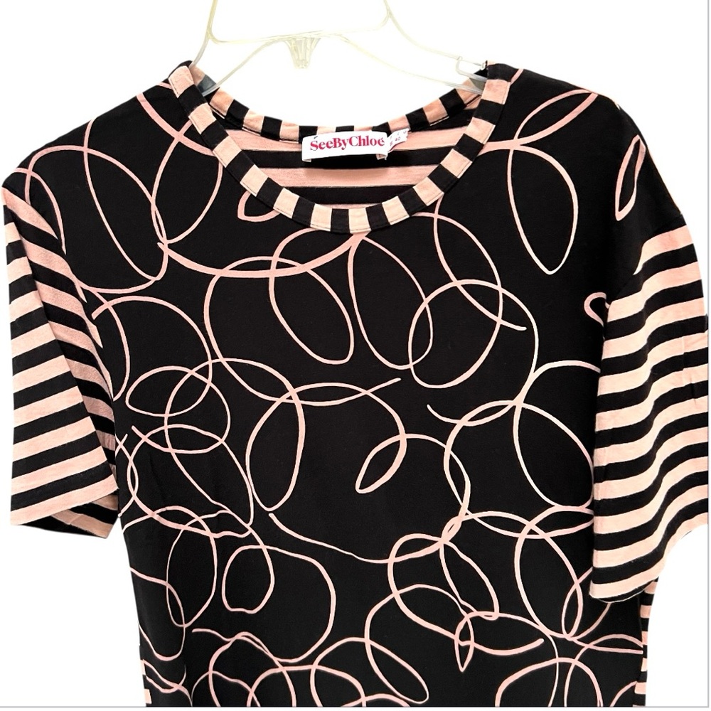 SEE BY CHLOE Black and White Graphic Boxy Tee Striped Nautical Artsy Coastal - Picture 15 of 16